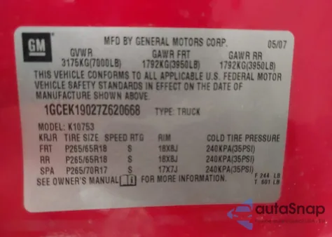 2007 Chevrolet Silverado 1500 Lt1 from USA, damaged, VIN 1GCEK19027Z620668